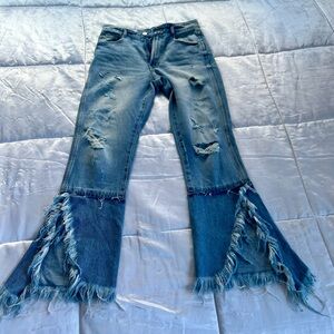 ZARA TRF Light Wash Destroyed High Rise Split Hem Flare Jeans | Size 2 / EUR 34